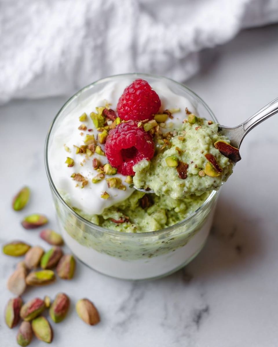 A clear glass cup shows a two-layer dessert placed on a white marbled surface. The bottom layer is light green with small darker green specks, having a smooth and slightly chunky texture. The top layer is creamy white, smooth, and thick. On top, there are many small chopped green pistachio pieces spread evenly with one bright red raspberry placed in the center. Around the cup on the surface, a few whole pistachios lay scattered. Photo taken with an iphone --ar 4:5 --v 7