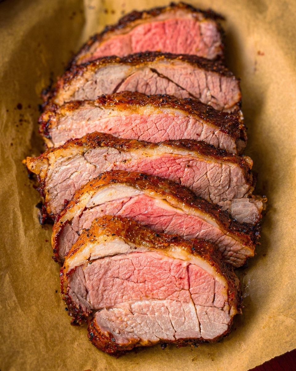 The image shows six thick slices of roast beef stacked slightly overlapping on a piece of parchment paper. Each slice has a charred brown outer edge with a cracked texture and a juicy, pink center. The meat looks tender with a gradient from a darker brown crust to a soft pink interior, highlighting the medium-rare cooking. The parchment paper underneath is light beige, contrasting softly with the rich colors of the meat. photo taken with an iphone --ar 4:5 --v 7