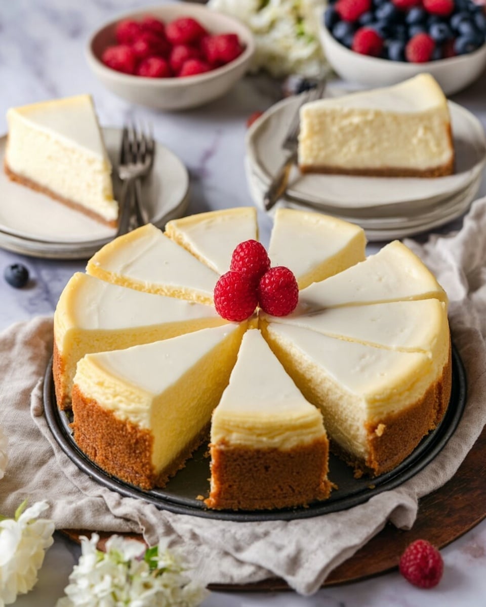A slice of cheesecake with three visible layers is placed on a white plate. The bottom layer is a thin, golden brown crust that looks crumbly. The middle layer is thick and creamy yellow, showing a soft texture. The top layer is a smooth off-white cream, slightly thick with a fresh raspberry and a single blueberry on top. The plate sits on a red cloth on a white marbled surface. Near the plate, there are a few raspberries and blueberries scattered, and in the background is a white bowl filled with raspberries. A gold fork with a piece of cheesecake is resting on the plate, with a woman's hand holding it partially in view. Photo taken with an iphone --ar 4:5 --v 7