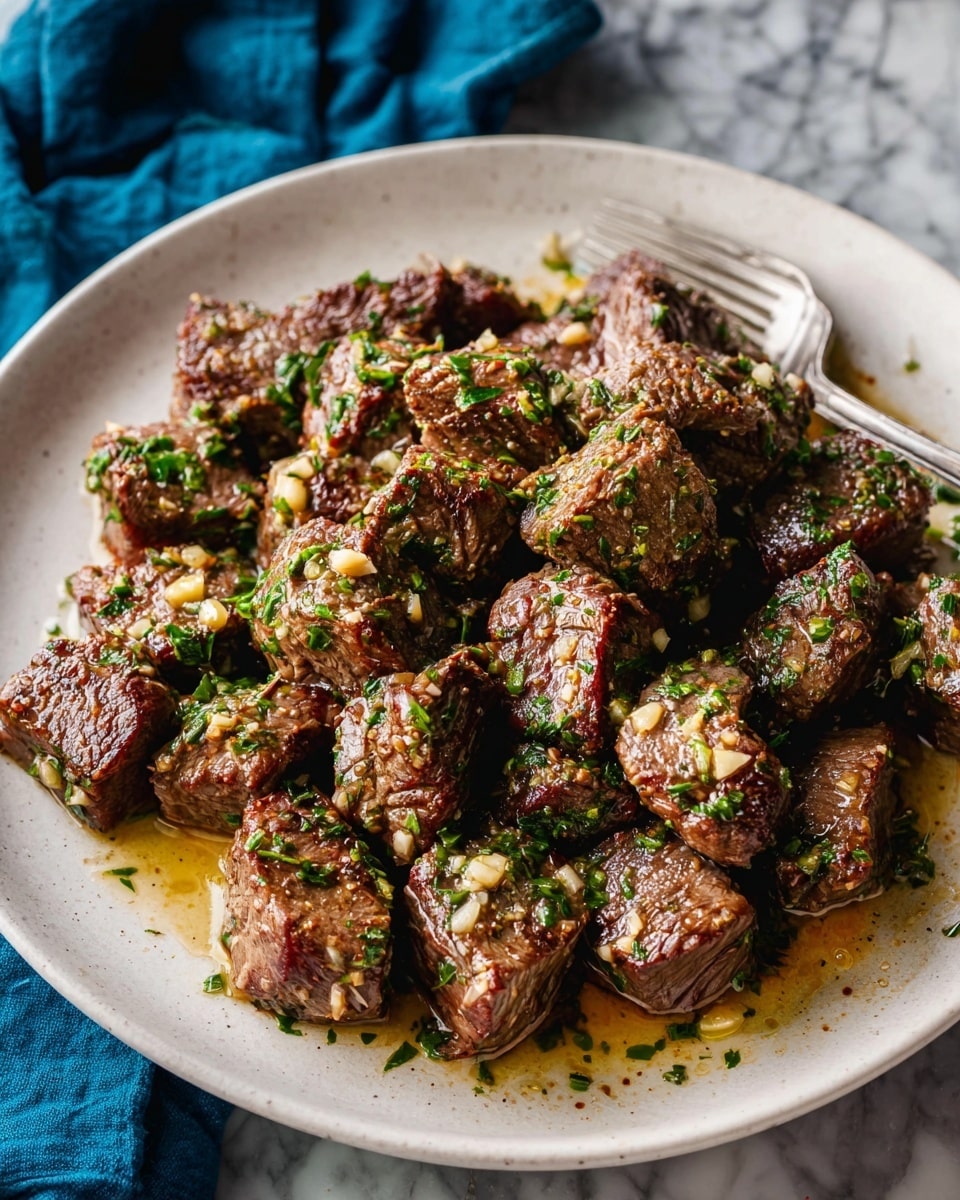 The image shows a white plate filled with many thick, browned beef chunks that have a slightly crispy outside and juicy texture inside. The beef pieces are mixed with chopped green herbs layered evenly on top, along with small bits of minced garlic scattered over the meat. A light, oily sauce pools slightly beneath the meat, giving a shiny, moist look. The plate rests on a white marbled surface, and a silver fork is visible near the edge of the plate. A blue cloth is partially seen in the background. photo taken with an iphone --ar 4:5 --v 7