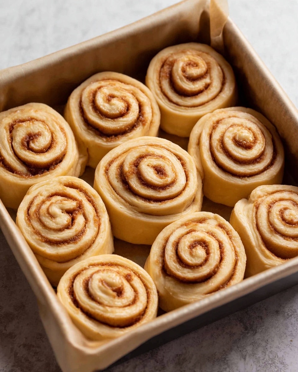 A close-up view of nine unbaked cinnamon rolls inside a square metal baking pan lined with parchment paper, each roll showing multiple layers of light golden dough spiraled with a cinnamon brown filling. The rolls are evenly spaced, their soft dough twisting neatly in a circular pattern with a smooth texture on the outside and a slightly grainy filling visible between the layers, all set on a white marbled texture. photo taken with an iphone --ar 4:5 --v 7