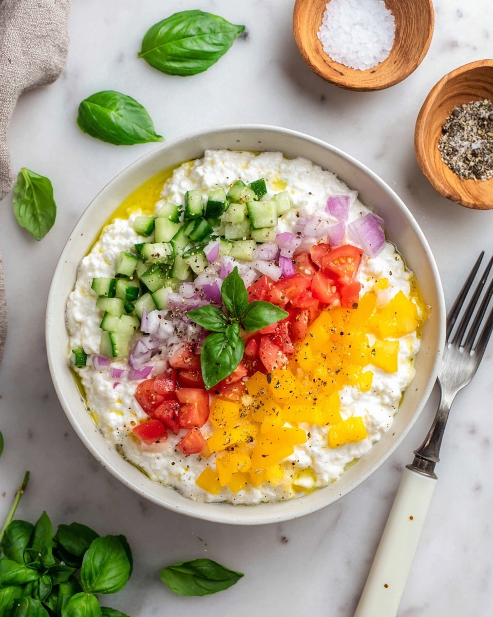 The image shows a close-up of a fresh salad arranged in three clear layers in a white bowl on a white marbled surface. The bottom layer is a creamy white cottage cheese with a soft, slightly lumpy texture. On top of this, there is a layer of finely chopped green cucumber with a crisp look and light green skin. Next to the cucumber, there is a layer of red diced tomatoes with a juicy and slightly glossy texture. Beside the tomatoes, yellow bell peppers are chopped into small pieces, adding a bright and smooth texture. The vegetables are lightly sprinkled with black pepper and small slices of green basil leaves, with a whole basil leaf placed near the top right. A silver fork is poking into the salad, holding pieces of tomato, with a woman's hand lightly holding the fork. Photo taken with an iphone --ar 4:5 --v 7