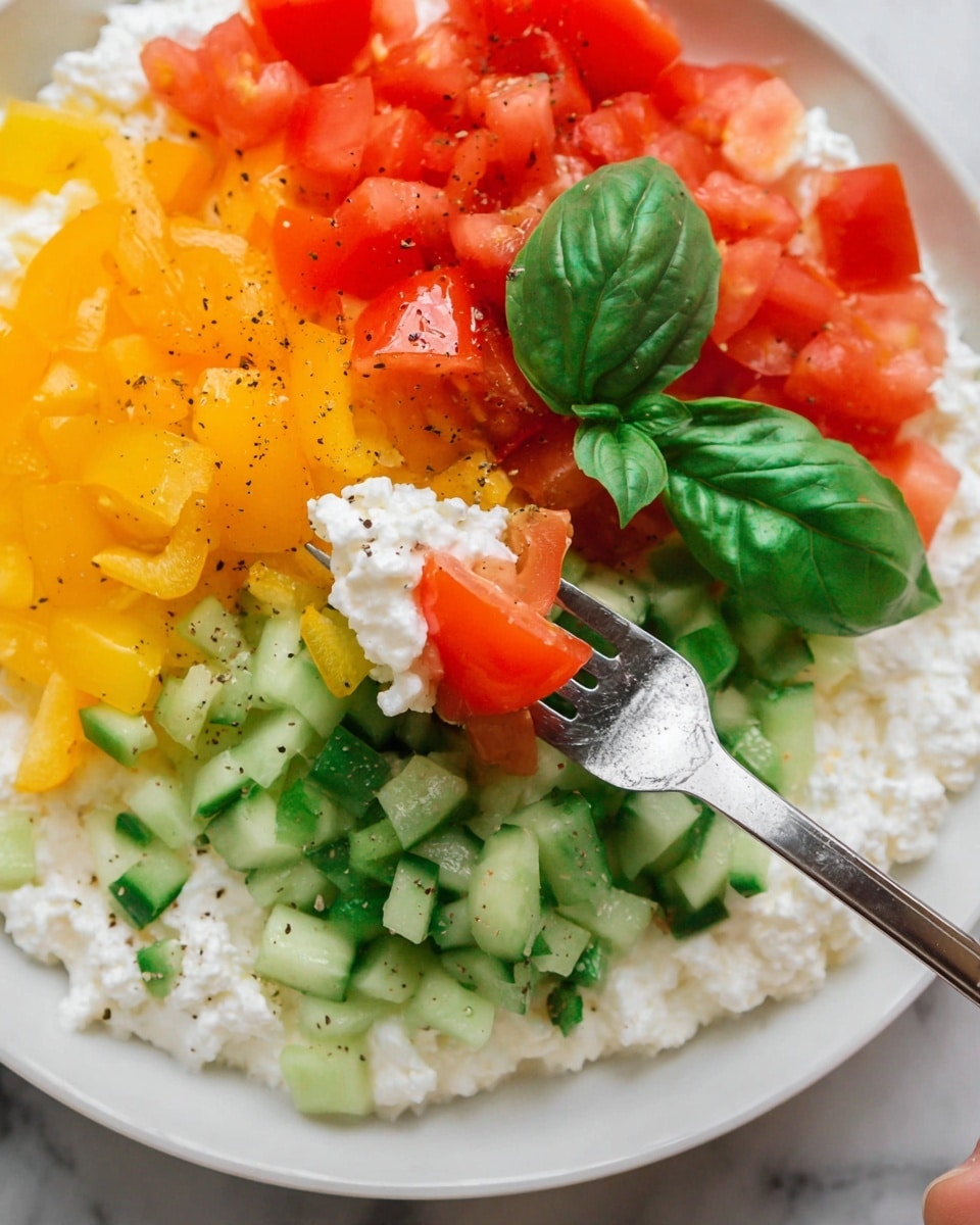 A white bowl filled with creamy cottage cheese as the base layer is topped with four distinct rows of finely chopped vegetables arranged side by side: green cucumbers on the left, red tomatoes next, bright yellow bell peppers, and finely diced light purple onions on the right. Fresh basil leaves garnish the center, and a light drizzle of olive oil with a sprinkle of black pepper covers the top. Around the bowl, fresh basil leaves are scattered on a white marbled surface, with small wooden bowls of salt and pepper nearby and a white-handled fork to the right. The photo is taken with an iphone --ar 4:5 --v 7