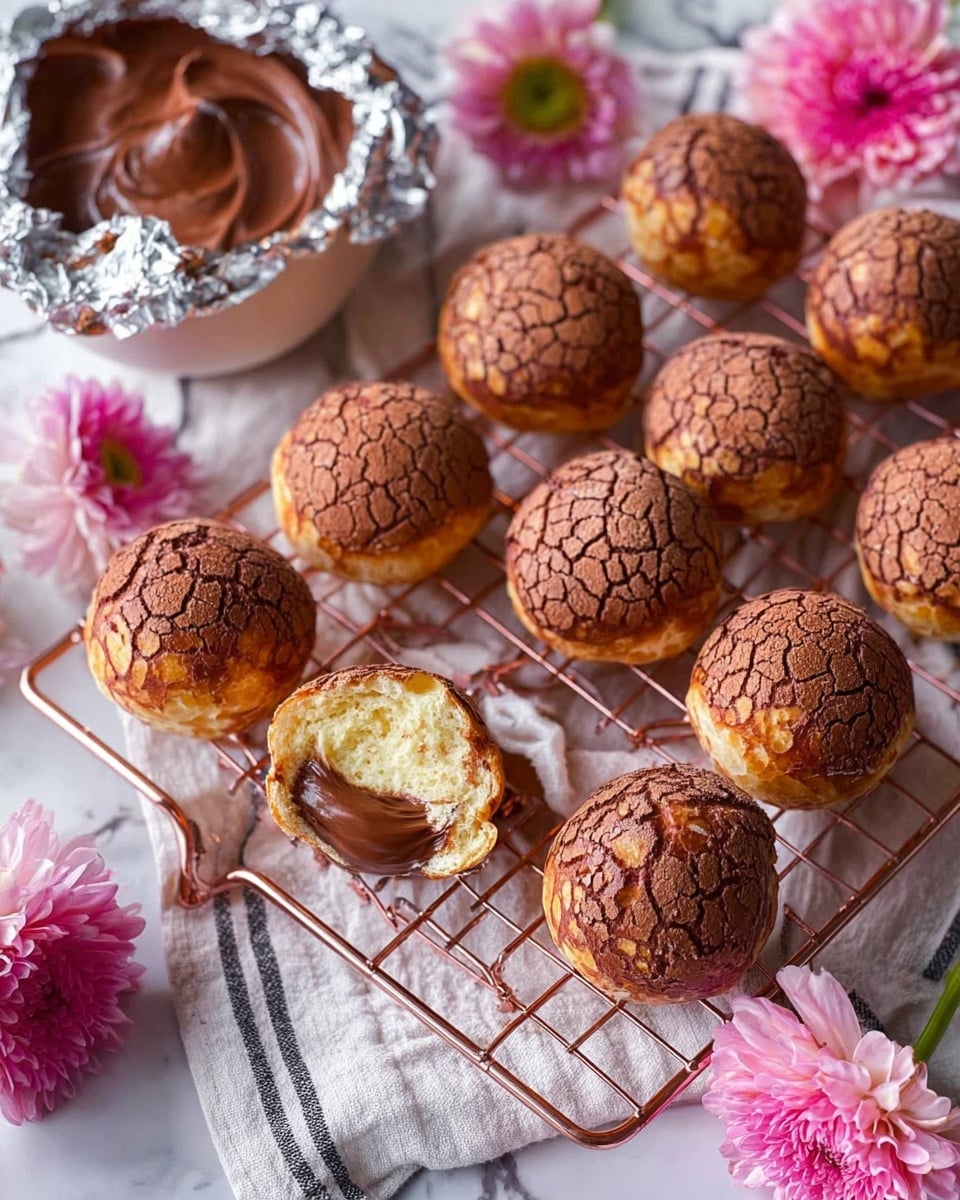 The image shows several round cream puffs with a rough, brown top layer and a light golden bottom layer arranged on a copper-colored wire cooling rack over a white marbled surface. One cream puff is cut open in the center foreground, revealing two layers inside: a thin, airy golden-brown pastry shell layered with a smooth, rich, dark brown chocolate cream filling. Soft pink and purple flowers are scattered around the rack, adding a delicate touch to the scene. Photo taken with an iphone --ar 4:5 --v 7