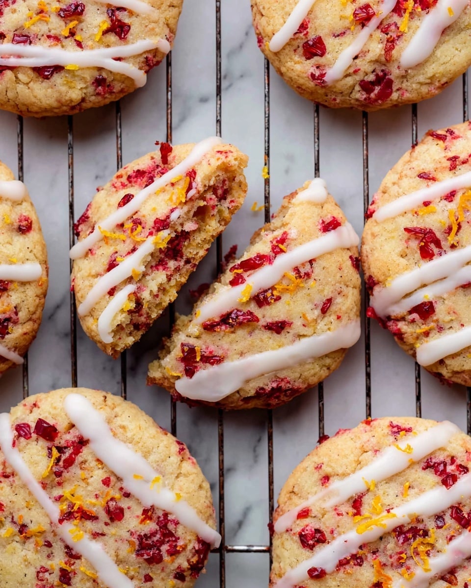 The image shows several round cookies on a cooling rack over a white marbled surface. Each cookie has a golden-brown base with visible red bits blended inside the dough. On top, there is a white icing drizzle that runs diagonally across the cookies in a thin layer. Bright red dried fruit pieces and small orange zest bits are sprinkled evenly over the icing, adding texture and color contrast. One cookie is partially broken, revealing its soft, crumbly inside layered with the same red bits. Photo taken with an iphone --ar 4:5 --v 7