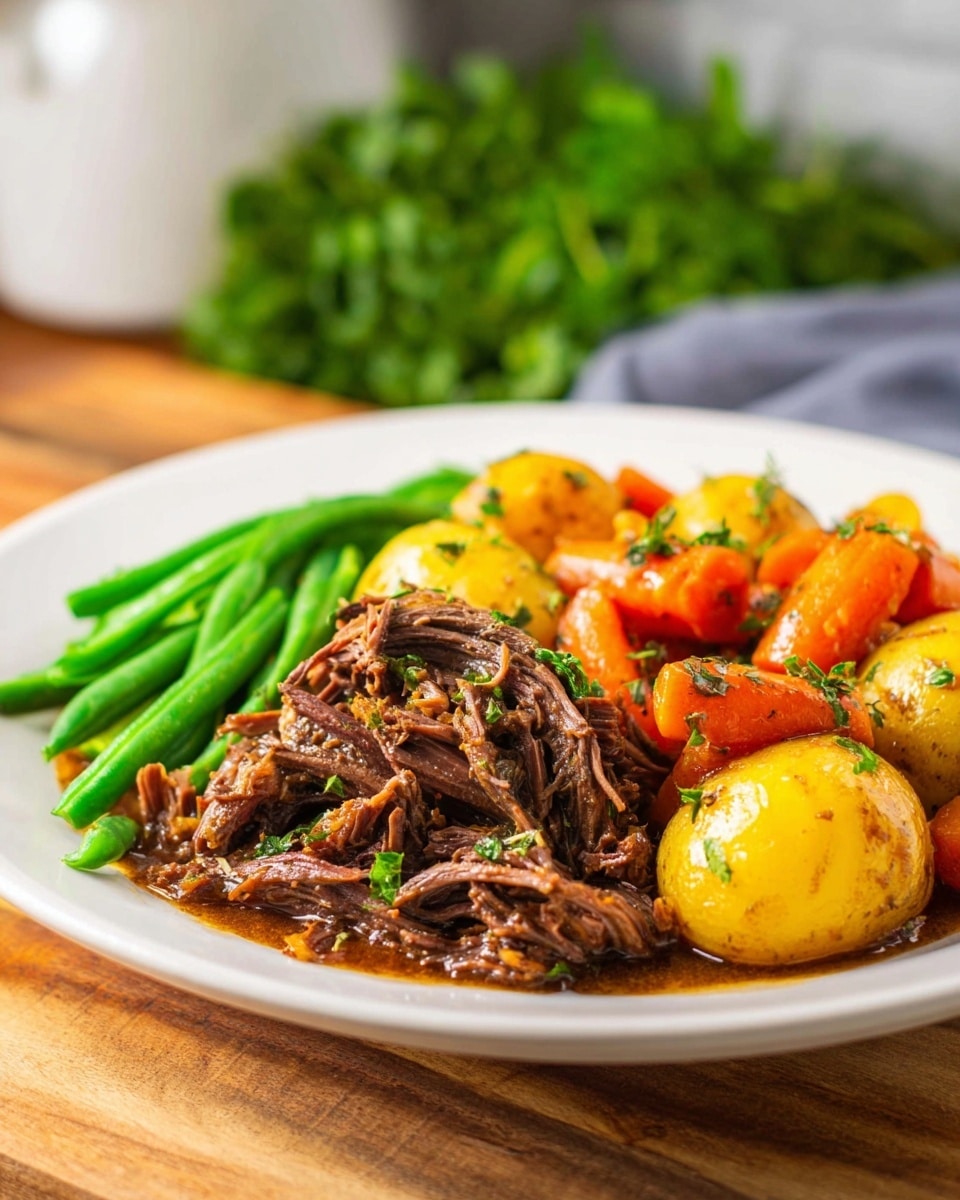 A white bowl filled with three main layers; the bottom layer shows tender shredded brown meat covered in a light sauce, the middle layer has vibrant yellow whole baby potatoes and bright orange small carrots placed on top and mixed with the meat, and the top layer includes fresh chopped green herbs sprinkled over the dish for garnish. On the side, there is a neat pile of bright green string beans arranged against the bowl’s edge. The bowl sits on a wooden board with a soft white cloth nearby and a bunch of fresh green parsley in the blurry background, all set on a white marbled surface. Photo taken with an iphone --ar 4:5 --v 7