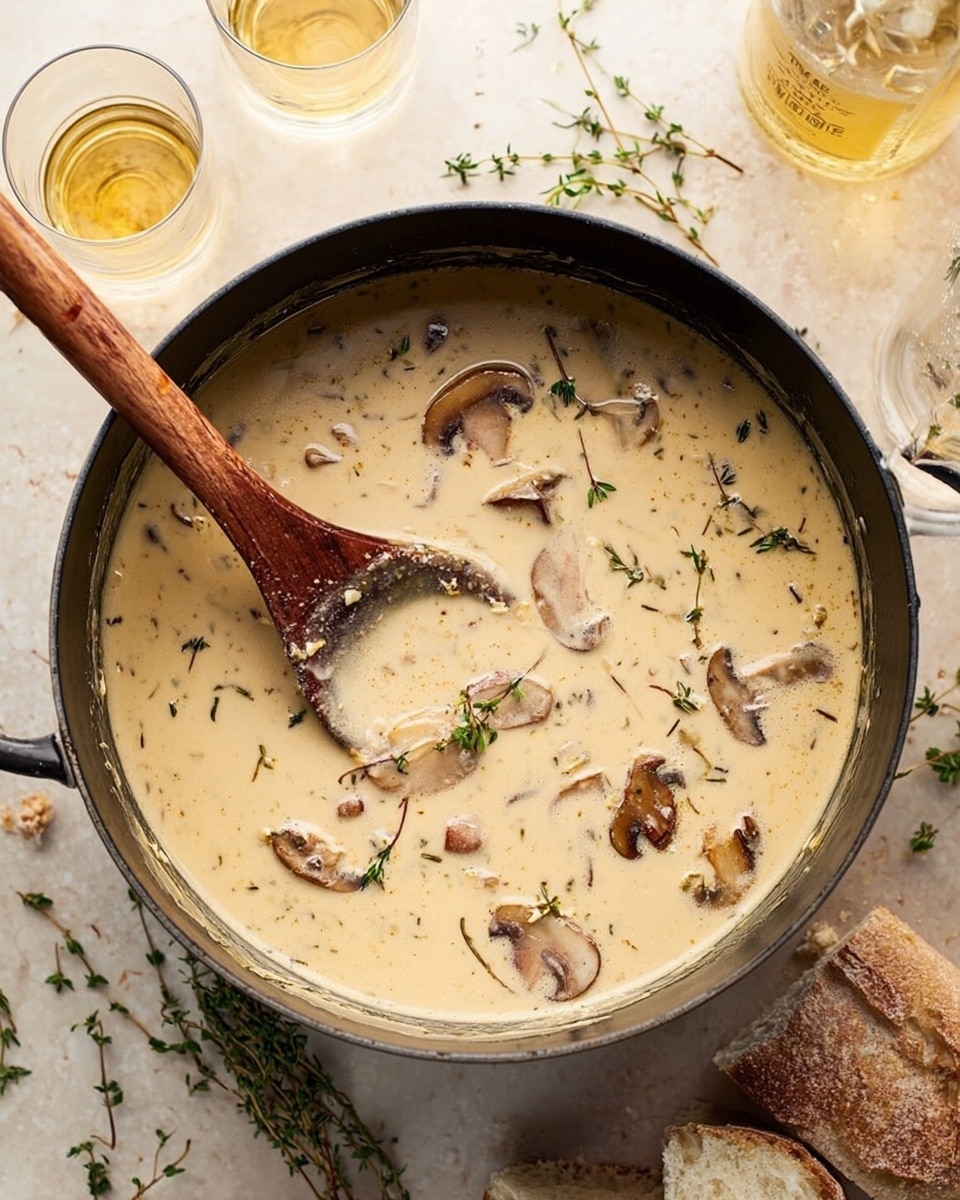 A white bowl filled with creamy mushroom soup with visible layers including sliced brown mushrooms, small white chunks, and bits of green herbs scattered throughout the light beige broth. The soup surface is smooth with a few sprigs of fresh green thyme on top. Around the bowl on a white marbled surface are pieces of torn crusty bread, fresh thyme sprigs, and two clear glasses filled with a light yellow drink. Part of another bowl with the same soup is seen at the top left corner. Photo taken with an iphone --ar 4:5 --v 7