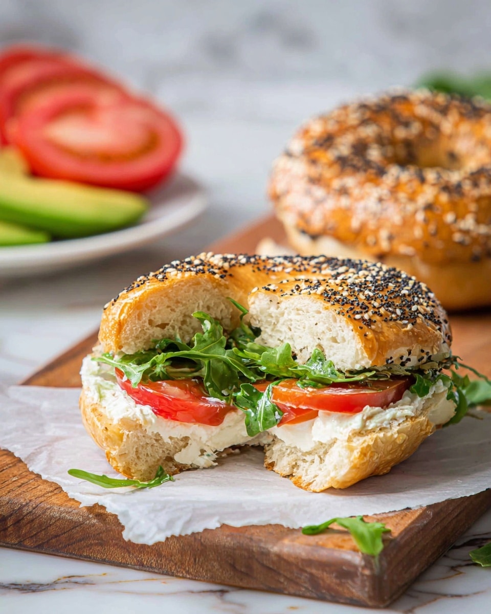 The image shows four sesame seed bagels with a golden brown, slightly shiny crust placed on crumpled white paper over a wooden board, sprinkled lightly with arugula leaves and a small wedge of red tomato. In the background, there is a white plate holding half an avocado with its seed, several red tomato slices, and a small white ramekin filled with fresh green arugula, all set on a white marbled surface. Photo taken with an iphone --ar 4:5 --v 7
