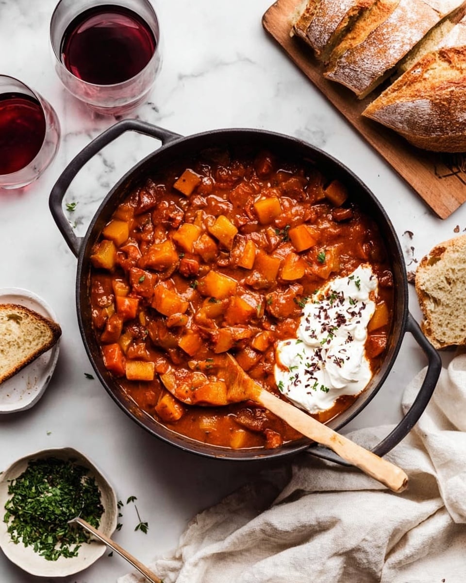 A black pot filled with thick stew made of soft orange and red chunks of vegetables and meat in a shiny reddish sauce. On the right side of the stew, there is a dollop of white cream with small dark flakes on top. A wooden spoon is partially submerged in the stew toward the left side of the pot. The pot sits on a white marbled surface. Nearby, there is a white bowl with green chopped herbs, a glass of dark red liquid, a glass with thick red sauce and a brush, and a wooden board holding a sliced brown loaf of bread. A white cloth is draped under the pot. Photo taken with an iphone --ar 4:5 --v 7