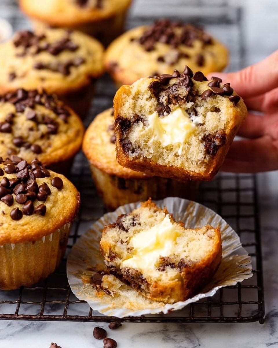 Nine unbaked muffins sit inside a black metal muffin tray, each in a white paper liner. The muffins are creamy beige with a thick, slightly smooth texture filled with small dark chocolate chips mixed evenly in the batter and sprinkled more on the top. The tray surface has geometric, starburst patterns around the muffin cups. The scene is shot close-up from above, with a clear, simple look on a white marbled surface. photo taken with an iphone --ar 4:5 --v 7