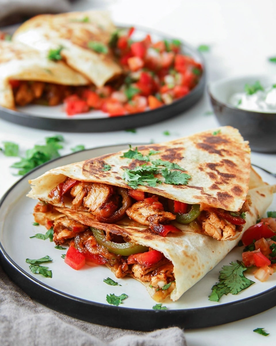 A black cast iron skillet filled with a cooked mix of sliced red and green bell peppers and chunks of orange-brown chicken pieces. The vegetables and chicken are mixed evenly, with the red peppers being long and slightly curved, the green peppers thin and somewhat wrinkled, and the chicken having a lightly browned texture. The skillet handle extends to the bottom right, and the skillet sits on a white marbled surface. photo taken with an iphone --ar 4:5 --v 7