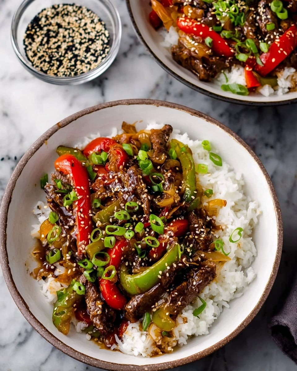 A close-up of a stir-fry dish in a black wok filled with three main layers: the bottom layer is glossy dark sauce coating the ingredients; the middle layer consists of browned beef strips with a slightly crispy texture, scattered and curled in different shapes; the top layer includes chunky pieces of green and red bell peppers alongside white onion pieces, all with a chewy, soft look and glistening from the sauce, creating a colorful mix of red, green, white, and brown tones. A shiny stainless steel spatula is resting on the right side inside the wok. photo taken with an iphone --ar 4:5 --v 7