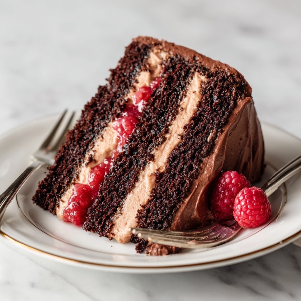 A slice of chocolate layer cake sits on a white plate with a thin gold rim, placed on a white marbled surface. The cake has three thick, dark chocolate layers separated by two layers of bright red raspberry filling, which looks juicy and slightly glossy. The outside is covered with smooth, light brown chocolate frosting that is slightly textured. A fresh raspberry rests near the slice on the plate, with a bit of red filling smeared next to it. A spoon and a fork lie on the plate’s edge, adding a casual touch. Photo taken with an iphone --ar 4:5 --v 7