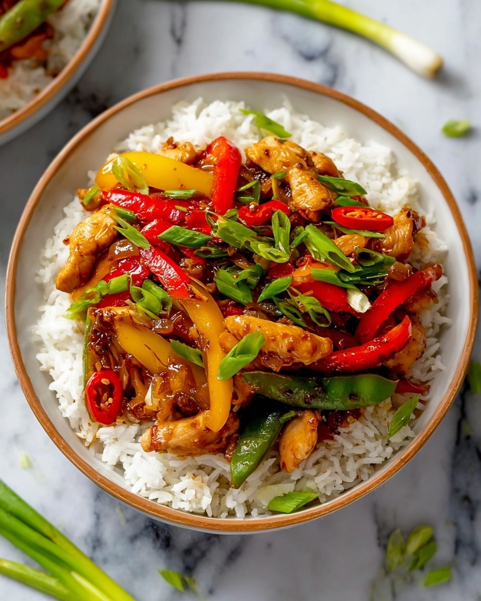 A white bowl filled with three main layers: the bottom layer is plain white rice with a soft and slightly fluffy texture; the middle layer has bright green snap peas and thin strips of yellow and red bell peppers, adding a fresh and crunchy look; the top layer is a glossy, brown sauce-covered chicken with small red chili slices and finely chopped green onions scattered over, giving a colorful and tasty appearance. The bowl rests on a white marbled surface with some red chili slices and green onion pieces around, and a blurred second bowl with the same meal is in the background. photo taken with an iphone --ar 4:5 --v 7