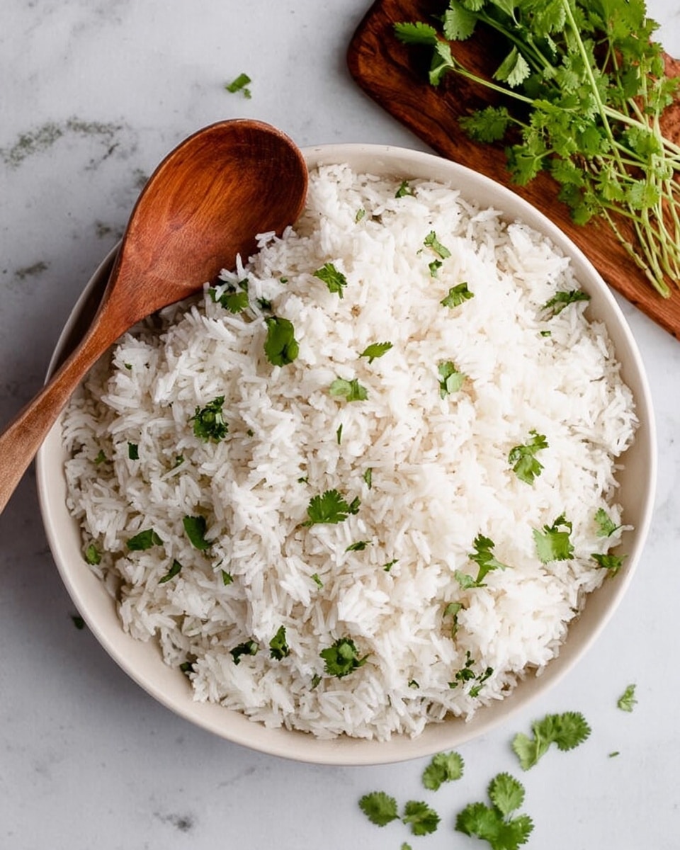 A large white bowl filled with a single layer of cooked white rice, each grain fluffy and separate, topped with scattered small bright green leaves of cilantro evenly spread across the surface. A wooden spoon rests partially inside the bowl on the left side, with its smooth round scoop buried slightly under the rice. To the top right outside the bowl, a small wooden board holds fresh sprigs of cilantro with delicate green leaves and thin stems, some loose leaves scattered nearby. All elements sit on a white marbled surface. Photo taken with an iphone --ar 4:5 --v 7