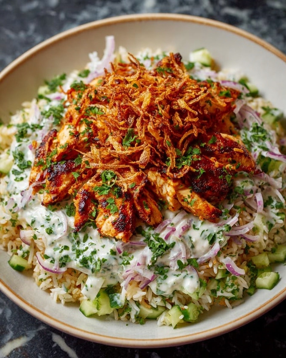The dish shows a base layer of light brown cooked rice mixed with small pieces of pale green cucumber and sprinkled with finely chopped green herbs, all placed in a deep white bowl. On top of the rice, there is a creamy white sauce, thick in texture, spread unevenly and mixed with thin slices of light purple onion and green herbs. The top layer consists of golden-brown grilled chicken strips, slightly charred, piled in the center and garnished with crispy fried thin onion slices and more green herbs, giving a fresh and crunchy look. The background is a white marbled surface. photo taken with an iphone --ar 4:5 --v 7