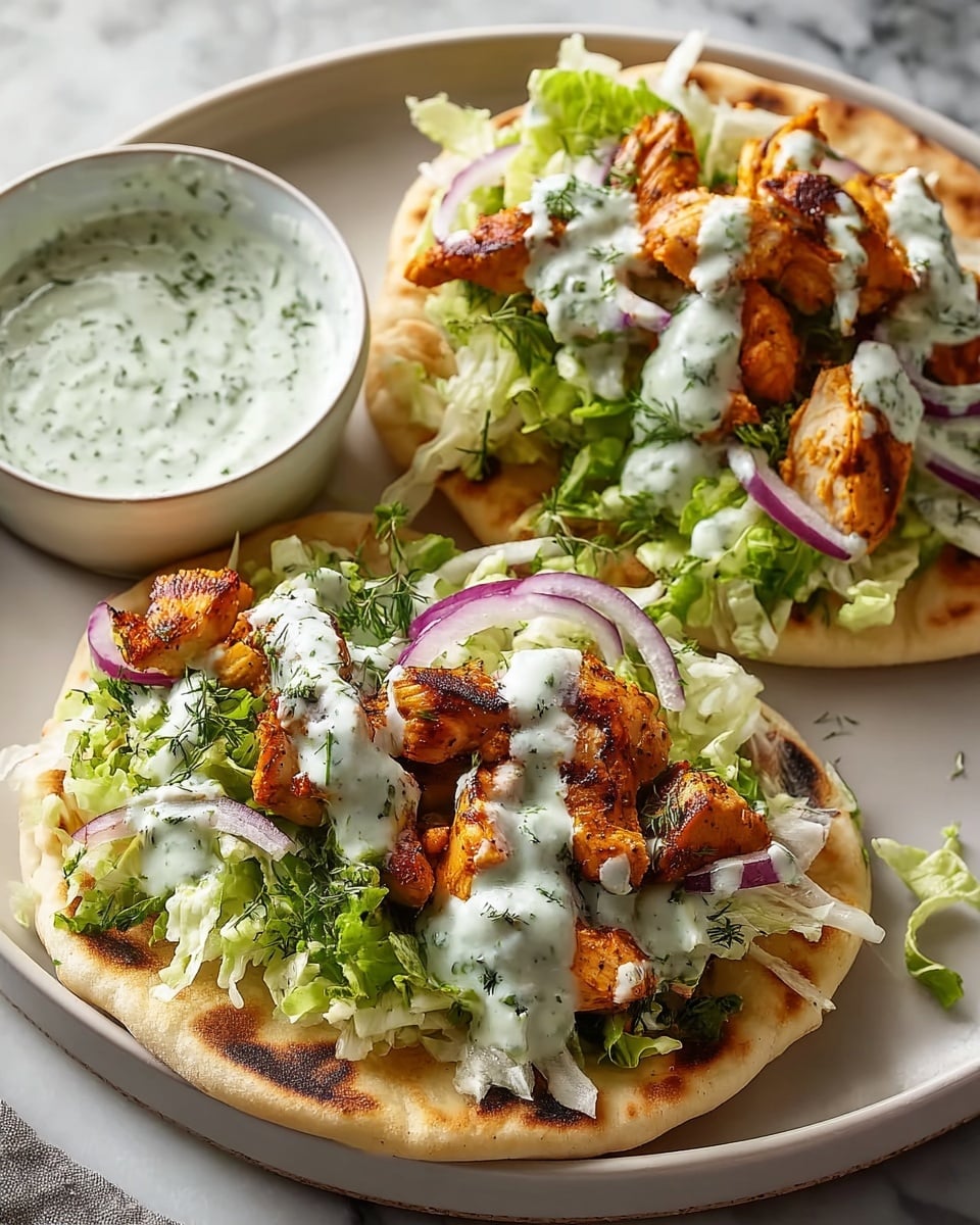 Three grilled chicken wraps are placed on a piece of brown parchment paper atop a rustic wooden board. Each wrap has three layers: at the bottom is slightly charred flatbread, followed by a layer of green lettuce and sliced cucumbers, topped with pieces of golden-brown grilled chicken with visible char marks. White creamy sauce with green herb bits is drizzled over the chicken, and sprigs of fresh dill garnish each wrap. There are two small clear glass bowls of the same creamy herb sauce, each with a silver spoon, positioned on the board near the wraps. Some fresh dill and green leafy herbs are scattered around the board. The setting uses a white marbled texture beneath the wooden board. photo taken with an iphone --ar 4:5 --v 7