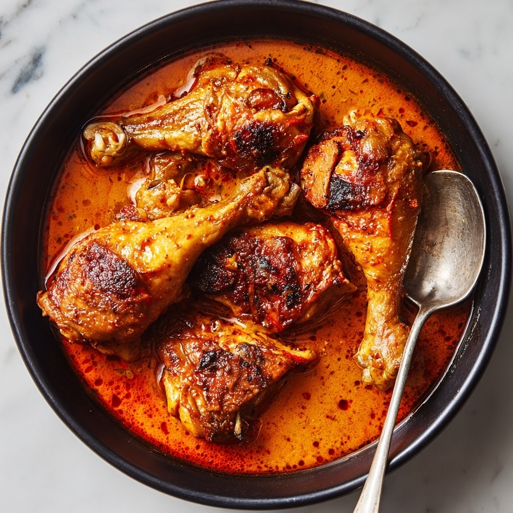 A close-up image shows several browned chicken drumsticks and thighs immersed in a thick, rich, orange-brown sauce inside a white pot. The sauce is smooth with some small bits, coating the chicken pieces evenly. The chicken skin looks crispy and well-cooked with some blackened spots. A silver spoon rests on the top right side of the pot, partially submerged in the sauce. The inside edge of the pot is stained with sauce splatters. The background is a white marbled texture. photo taken with an iphone --ar 4:5 --v 7