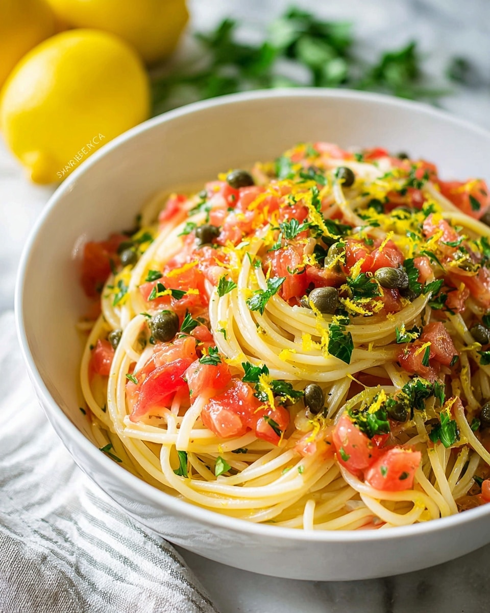 A white bowl filled with three main layers: at the bottom is a nest of light yellow cooked spaghetti noodles, topped on one side with small, round, dark green capers, and on the other side with bright red chopped fresh tomatoes. Above the bowl, a woman's hand holds a small white textured bowl, pouring more chopped tomatoes onto the spaghetti. The bowl is placed on a white marbled surface, with a glass jar of capers partially visible in the bottom right corner and a green cloth napkin on the left side. Photo taken with an iphone --ar 4:5 --v 7
