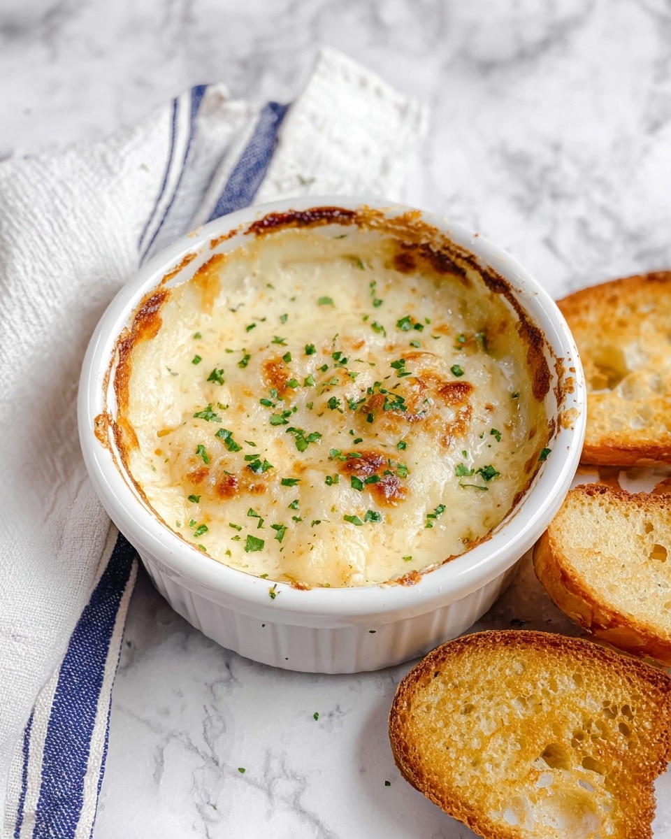 A white ramekin filled with a creamy, golden-baked dish with a slightly browned and bubbly cheese layer on top, sprinkled with small green herbs. The edges of the ramekin are slightly browned from cooking. Around the ramekin, there are crispy golden-brown toasted bread slices placed on a white marbled surface. A white cloth with blue stripes is partially visible beside the ramekin. photo taken with an iphone --ar 4:5 --v 7