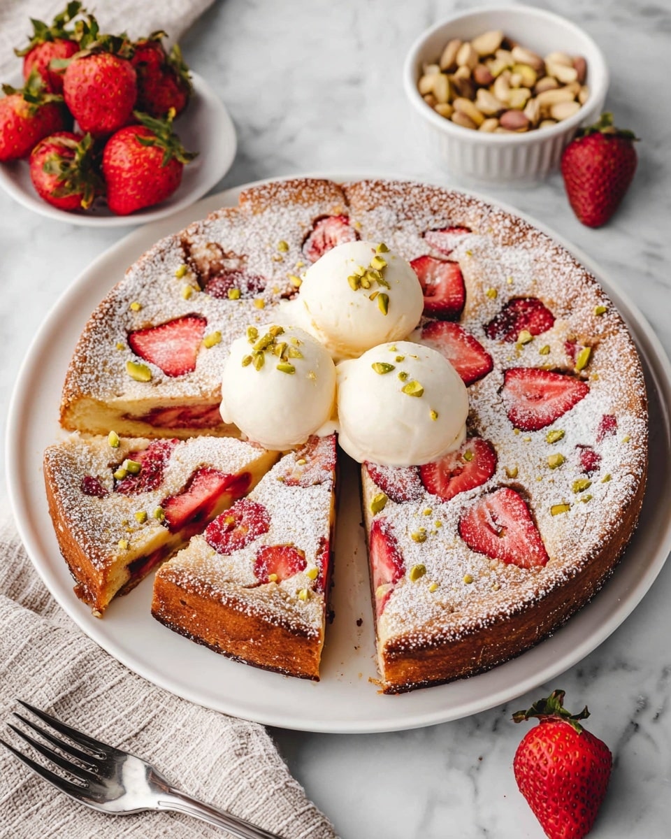 A slice of soft, light-colored cake with visible pieces of red strawberries baked inside and on top, placed on a white plate with a silver spoon resting beside it. On top of the cake is a smooth, round scoop of creamy white ice cream with small black specks, slowly melting and dripping down the side of the cake. Small green crushed nuts are sprinkled over the ice cream and around the plate. In the background, there is a white bowl with fresh bright red strawberries, all set on a white marbled surface. photo taken with an iphone --ar 4:5 --v 7