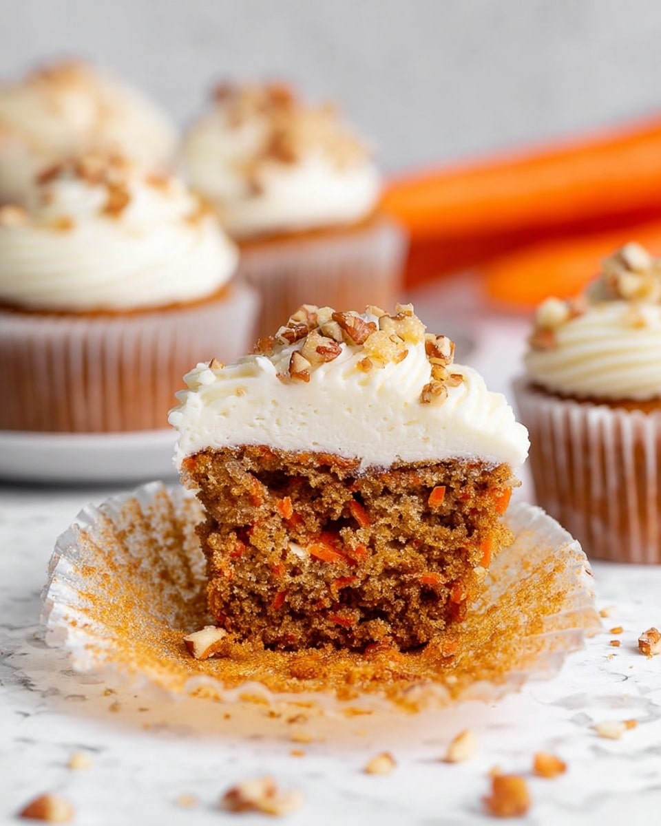 A close-up of a half-eaten carrot cupcake with three visible layers: the bottom brown-orange cake layer is soft and moist with visible carrot bits and nuts inside, the middle thin crumb layer shows its texture clearly, and the top thick layer of creamy white frosting is smooth and swirled with small pieces of chopped nuts sprinkled over it. The cupcake paper is light tan and peeled open fully around the base. In the background, there are more whole cupcakes with similar frosting and nuts, and two bright orange carrots blurred out. The whole scene is set on a white marbled texture. photo taken with an iphone --ar 4:5 --v 7