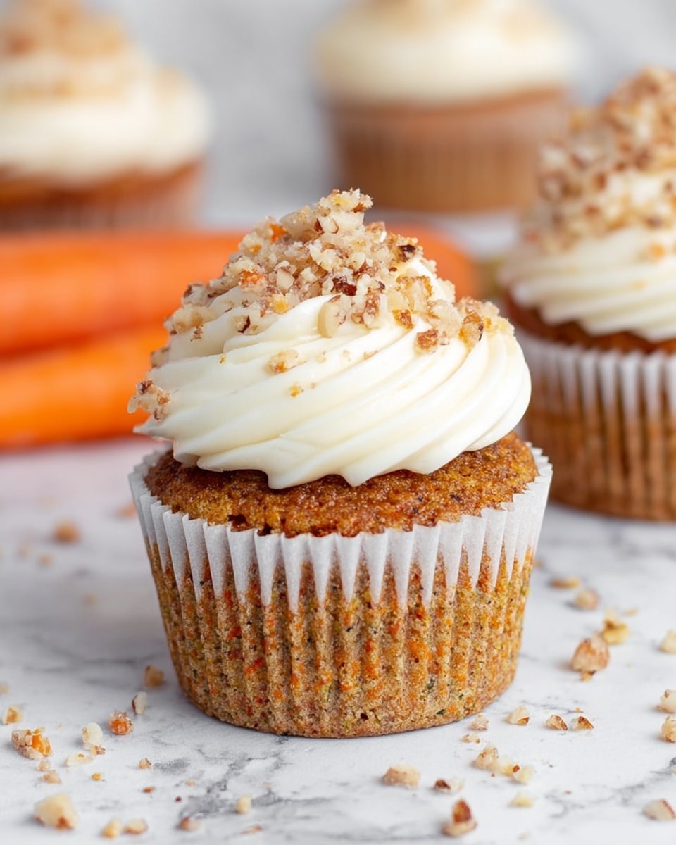 A close-up of a cupcake with two layers: the bottom layer is a textured, golden-brown carrot cake with visible specks, wrapped in a white paper liner, and the top layer is a thick swirl of smooth, creamy white frosting sprinkled generously with chopped nuts that add a crunchy texture; the cupcake sits on a white marbled surface with scattered nut pieces around it, and in the background, more similar cupcakes and orange carrots are slightly out of focus. photo taken with an iphone --ar 4:5 --v 7