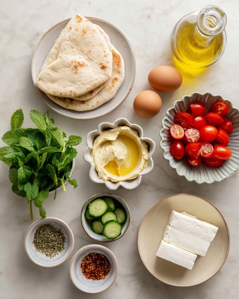 A bowl with a smooth layer of light beige hummus spread on the bottom left, topped with olive oil and a sprinkle of red chili flakes, next to fresh green mint leaves. Above the hummus, there are three triangular pieces of light brown pita bread arranged in a fan shape. To the right of the pita, two halves of a soft-boiled egg with bright yellow yolks sit next to a row of thick, round, green cucumber slices. Below the cucumbers, small white cubes of feta cheese are sprinkled with red chili flakes and olive oil. At the bottom center, halved cherry tomatoes show their bright red, juicy insides. The ingredients sit inside a white bowl with a dark rim, placed on a white marbled texture surface. Photo taken with an iphone --ar 4:5 --v 7