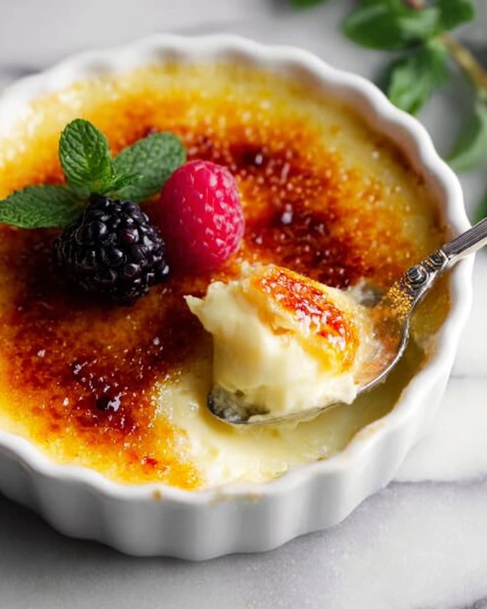 Three small white ramekins hold crème brûlée with a smooth, golden caramelized sugar top layer that is slightly cracked to reveal the creamy pale yellow custard underneath. Each one is decorated with a fresh red raspberry, a dark blackberry, and a small sprig of green mint leaves placed near the berries. One ramekin in the front shows a scoop taken out, with a spoon beside it holding a creamy bite topped with a thin caramelized layer. The dishes sit on a white marbled surface, with part of a gray cloth visible near the bottom left corner. Photo taken with an iphone --ar 4:5 --v 7