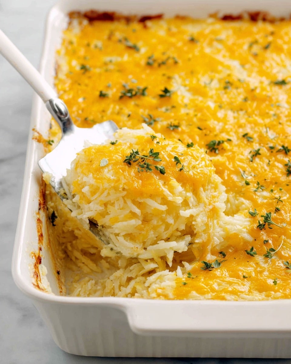 The image shows a white rectangular casserole dish filled with a baked cheesy potato casserole. The top layer is golden yellow melted cheese with a slightly browned edge and small green herb bits sprinkled evenly. The middle and bottom layers reveal soft, creamy shredded potatoes that look moist and tender. A metal spatula with a white handle is lifting a portion from the bottom right corner, showing the potato layers beneath the cheese. The dish sits on a white marbled surface. Photo taken with an iphone --ar 4:5 --v 7