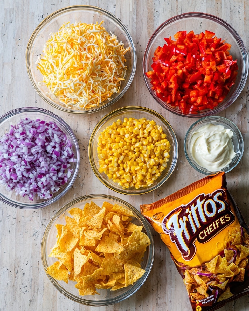 A close-up of a colorful corn salad served in a white bowl, featuring small yellow corn kernels mixed evenly with diced red bell pepper, finely chopped light purple onion, and thin pale yellow shredded cheese. Scattered crispy orange chip pieces add texture throughout, and small green parsley leaves are sprinkled on top for garnish. A silver spoon rests inside the bowl, partially buried in the mixture. The bowl sits on a surface with a white marbled texture, and the vibrant colors of the salad ingredients contrast nicely against the clean white bowl. Photo taken with an iphone --ar 4:5 --v 7