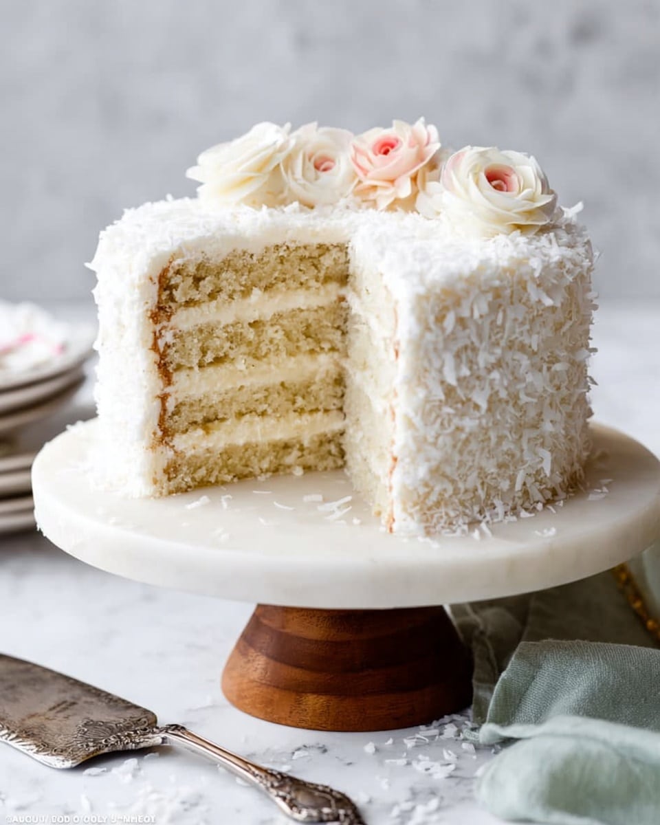A slice of two-layer white cake sits on a white plate with a soft texture and creamy white frosting covering both layers and the top. The frosting is sprinkled with shredded coconut, adding a rough texture around the sides. On top of the cake slice, there is a delicate, pale pink rose made from frosting that stands out against the white. Next to the cake is an antique-style silver spoon with a small piece of cake on it. The plate is on a white marbled surface with a teal cloth blurred in the background. Photo taken with an iphone --ar 4:5 --v 7