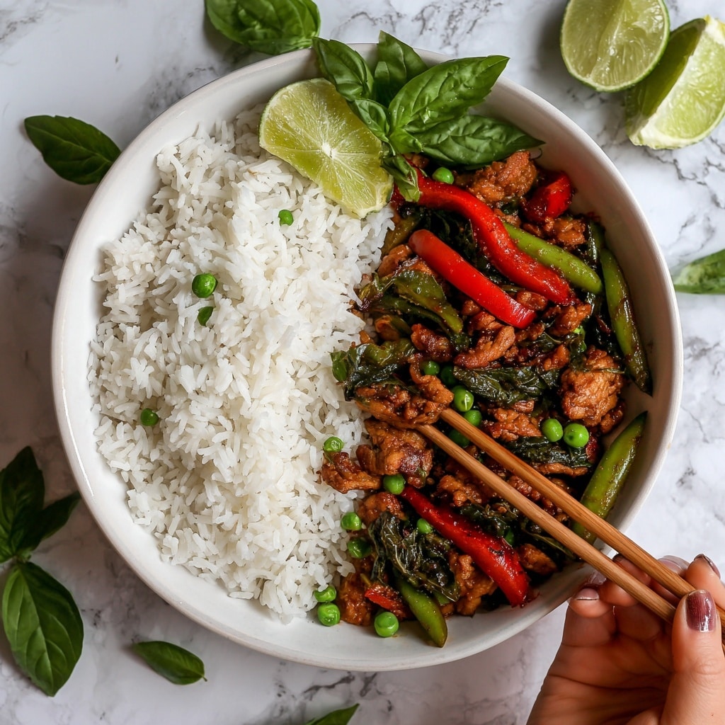 A white bowl filled with two main layers: white steamed rice on one side, fluffy and slightly glossy with a few green peas mixed in, and a vibrant stir-fry on the other side consisting of browned pieces of cooked meat mixed with bright red sliced bell peppers, dark green wilted basil leaves, and sliced green chili peppers. A lime wedge is placed at the back of the bowl near the rice, and a woman's hand is using wooden chopsticks to pick up a piece of meat from the stir-fry. The bowl is set on a white marbled textured surface with some basil leaves and lime wedges scattered around. Photo taken with an iphone --ar 4:5 --v 7