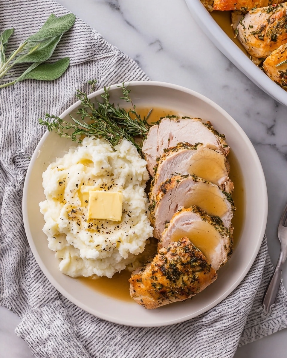 A white rectangular baking dish filled with evenly sliced roasted chicken breast arranged in a neat row. The chicken has a golden-brown crispy skin with specks of black pepper and herbs sprinkled on top. The meat looks juicy and tender with a light pinkish-white inside, sitting in a shallow pool of yellowish-brown sauce at the bottom of the dish. The dish is placed on a white marbled surface with a soft, striped blue and white cloth partially visible in the background. photo taken with an iphone --ar 4:5 --v 7