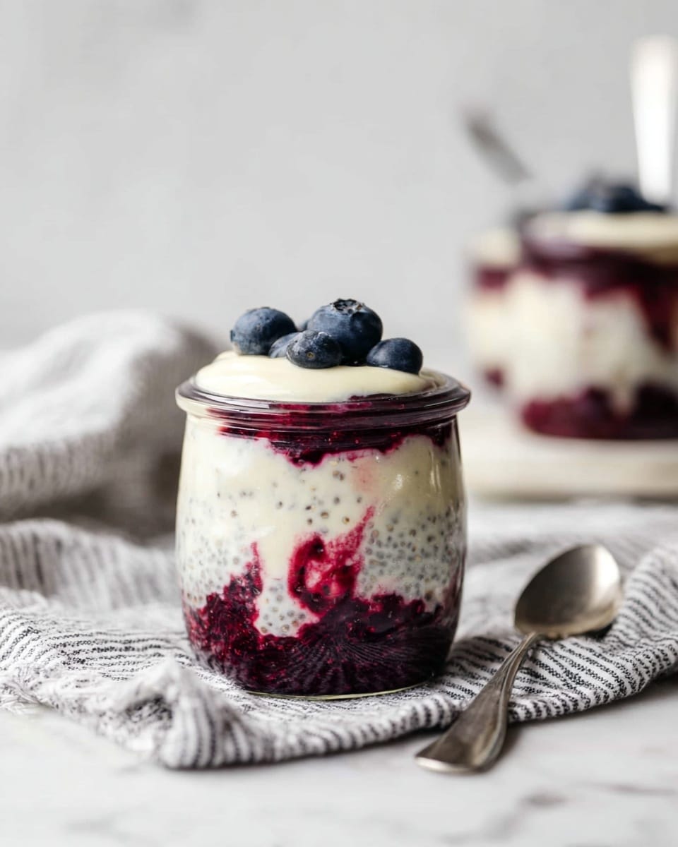 A small clear glass jar holds three visible layers of a dessert, placed on a white marbled surface. The bottom layer is a dark, thick berry compote with deep purple and black tones, creating a rich, dense base. The middle layer is creamy white chia pudding dotted with small chia seeds, mixed unevenly with some streaks of the berry sauce bleeding into it, giving a swirled texture of red and white. The top layer consists of whole, plump berries in dark purple and black colors, glistening slightly with juice. The scene is softly lit with a simple background. Photo taken with an iphone --ar 4:5 --v 7
