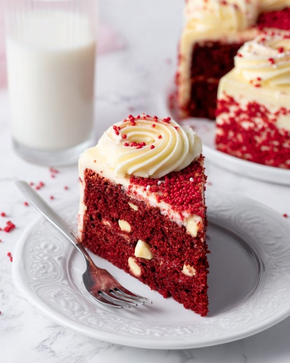 A close-up image of a single slice of rich red velvet cake with a dense, moist texture dotted with small white chocolate chips throughout. The slice is topped with two swirls of smooth white cream frosting sprinkled with small red candy beads. The slice sits on a white plate with a subtle embossed floral pattern, alongside a silver fork on the left. In the background, a glass of milk and a partially visible whole cake with matching frosting swirls and red candy beads sit on a white marbled surface. Photo taken with an iphone --ar 4:5 --v 7