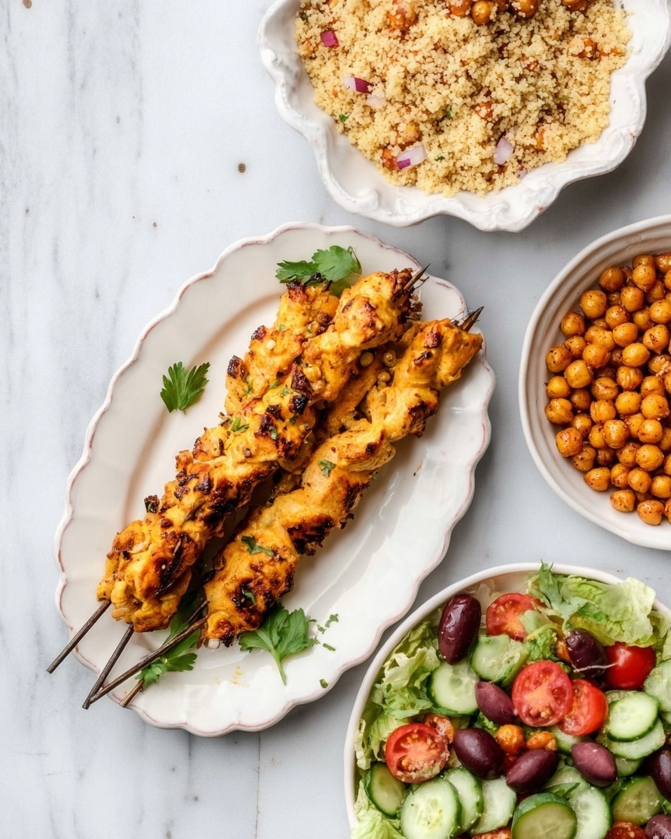 A white scalloped bowl holds a layered dish starting with a base of light beige pearl couscous with visible small herbs and bits of toasted onions throughout, topped with golden yellow grilled chicken pieces that have slight charred edges, a segment of round dark brown roasted chickpeas, and a small heap of crumbled white feta cheese. Alongside the couscous, there is a fresh salad layer with bright green mint leaves, cucumber slices, halved red and orange cherry tomatoes, and sliced black olives. Against one side of the bowl sits two triangular pieces of light brown pita bread. Surrounding the main bowl on a white marbled surface are multiple small white bowls: one with more pearl couscous, one with creamy white yogurt sauce garnished with green mint leaves and drops of olive oil, one with a colorful tomato and cucumber salad, one with crispy roasted chickpeas, and another with chunks of feta cheese. Photo taken with an iphone --ar 4:5 --v 7