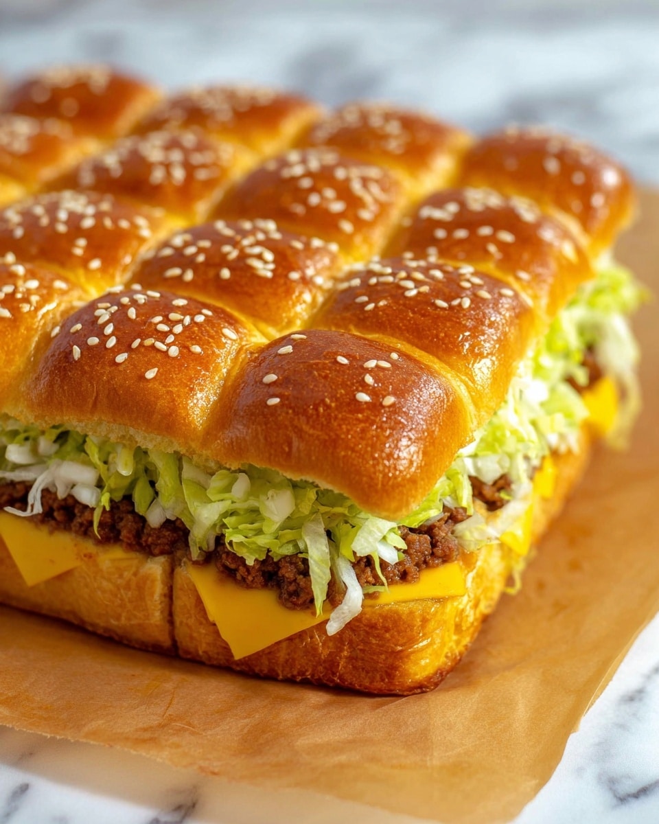 Four small burgers are stacked closely on a white plate placed on a white marbled surface with a light cloth underneath. Each burger has a shiny golden brown sesame seed bun on top. Inside, there are layers of cooked ground beef, melted yellow cheese, shredded green lettuce, and a creamy sauce. The buns are soft with a slightly glossy texture. In the background, there are two wooden pepper and salt mills, a green leafy plant, and a clear textured glass filled with a dark drink with ice. A small white bowl of bright yellow pickles is seen on the right side. photo taken with an iphone --ar 4:5 --v 7