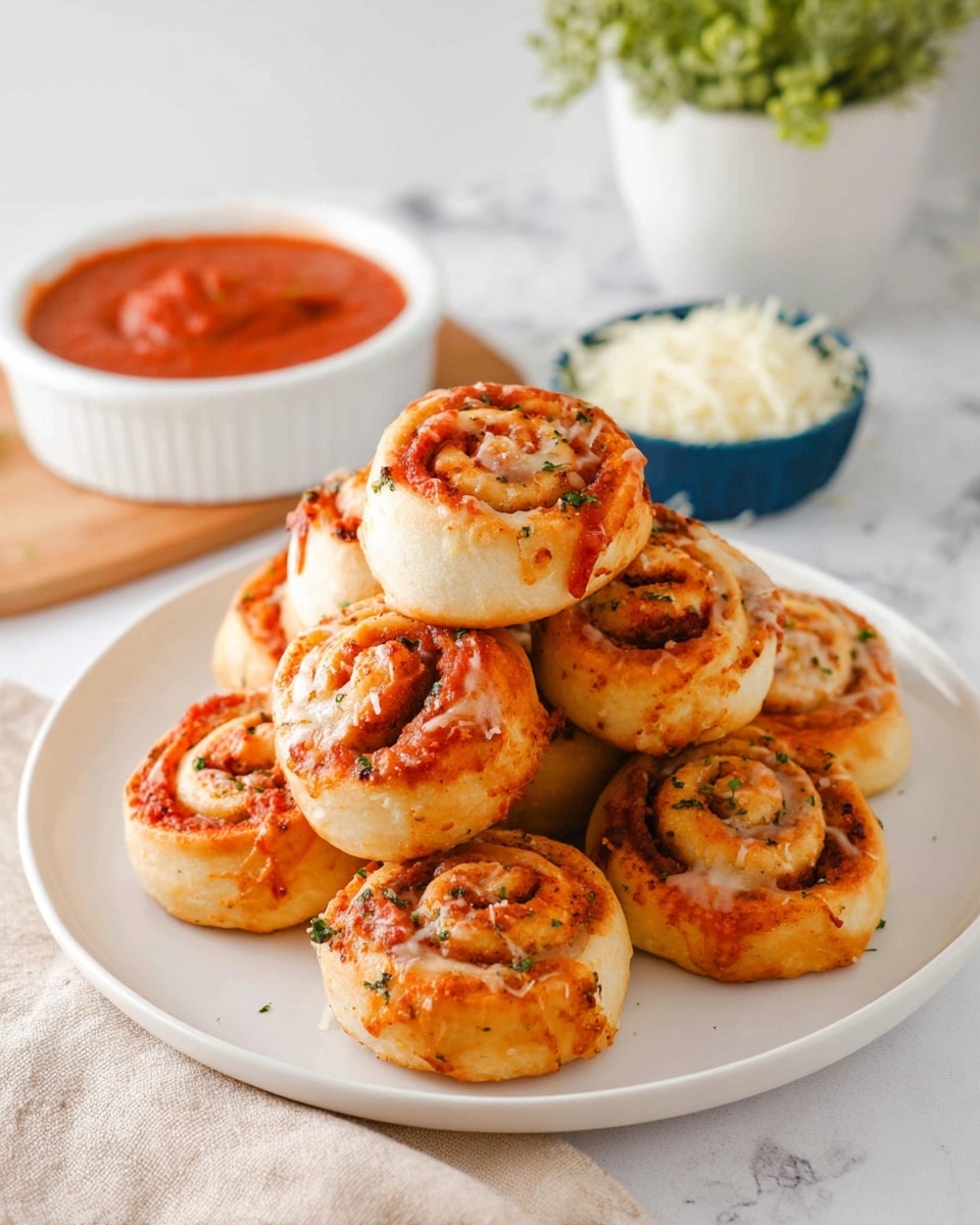 A white plate holds a stack of seven golden-brown pizza rolls arranged in a pyramid shape, each roll showing a spiral of dough filled with red tomato sauce and bits of melted cheese with green herbs sprinkled on top. The rolls have a slightly crispy texture on the edges and soft, fluffy dough inside. In the background, a small white bowl filled with thick red marinara sauce sits beside a small blue cup with shredded white cheese. The setting is on a white marbled surface with a soft beige cloth and a white pot with a small green plant blurred in the back. photo taken with an iphone --ar 4:5 --v 7