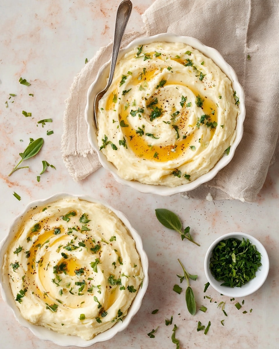 The image shows two white scalloped bowls filled with creamy mashed potatoes that have a smooth, soft texture and swirled tops. The mashed potatoes are topped with melted golden butter pooled in the crests of the swirls, small pieces of chopped green chives, and light sprinkles of black pepper and fresh green thyme leaves. One bowl sits on a beige cloth napkin with a silver spoon partially visible on its right side. A small white bowl filled with chopped chives sits nearby on a white marbled surface, along with scattered chive pieces and thyme sprigs, creating a fresh and natural look. photo taken with an iphone --ar 4:5 --v 7