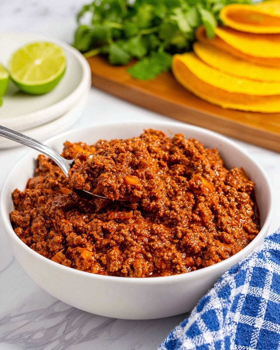 Three hard shell tacos are placed side by side on a white plate, each taco showing four main layers: at the bottom is a yellow crunchy shell, filled with cooked ground beef that is brown and crumbly. On top of the beef is a fresh mix of shredded light green lettuce, chopped red tomatoes, small cubes of purple onion, and bits of green jalapeño pepper. The tacos have a sprinkling of shredded orange cheddar cheese and a dollop of white sour cream on the top of each taco. The plate is garnished with thin slices of lime and some radish slices on the side, all set on a white marbled surface with a bowl of shredded yellow cheddar cheese and fresh green cilantro in the background. photo taken with an iphone --ar 4:5 --v 7