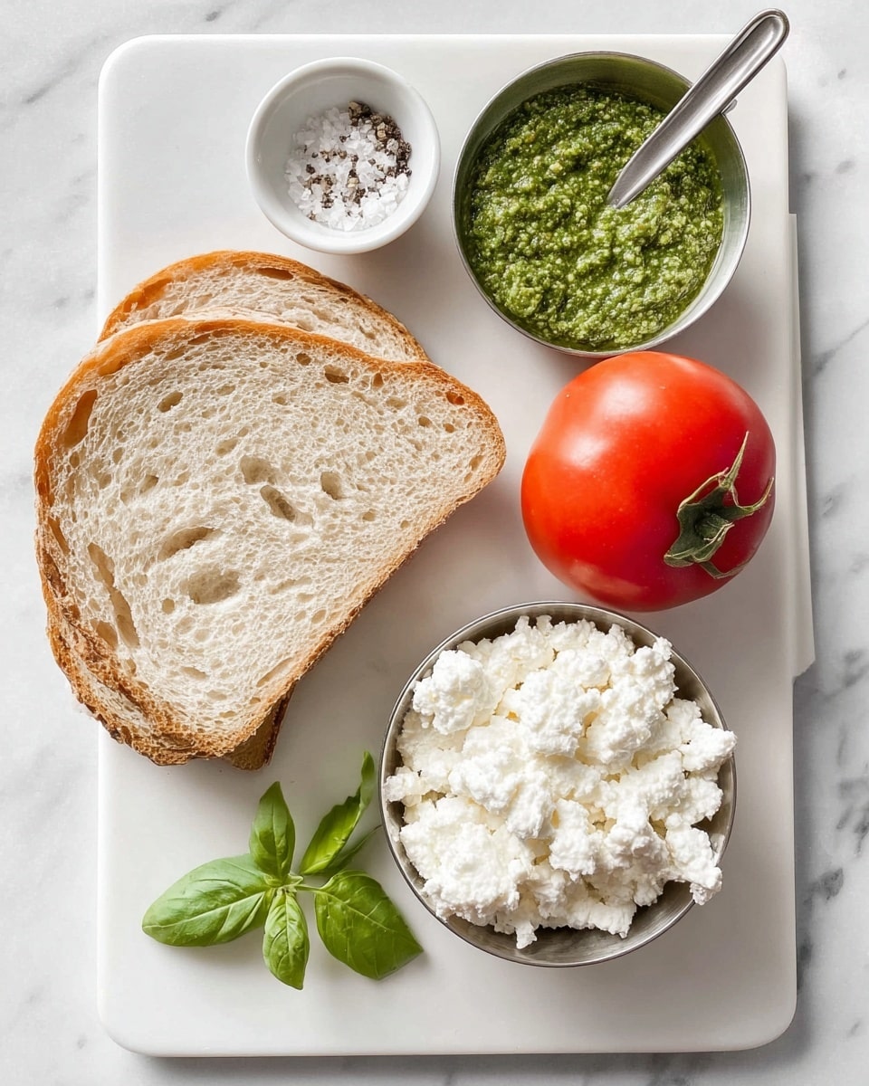 The image shows five slices of toasted bread, each slice topped with a thick layer of crumbled white cheese and green pesto spread evenly. On top of the cheese and pesto, there are two bright red cherry tomato halves arranged neatly on each slice. A dark balsamic glaze is drizzled across the tomatoes, adding shine and color contrast. One slice in the front is garnished with a fresh green basil leaf, giving a pop of vibrant green. All the toasts are placed on a white marble textured surface with a soft, neutral-colored cloth nearby. Photo taken with an iphone --ar 4:5 --v 7