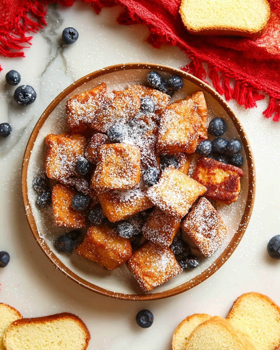 A white plate filled with many small, golden-brown, square pieces of French toast stacked unevenly. Each piece has a crispy texture and is dusted with white powdered sugar. Scattered bright blue blueberries are placed on and around the French toast pieces. In the background, a red cloth with soft folds lies on a white marbled surface, adding a splash of color. Photo taken with an iphone --ar 4:5 --v 7
