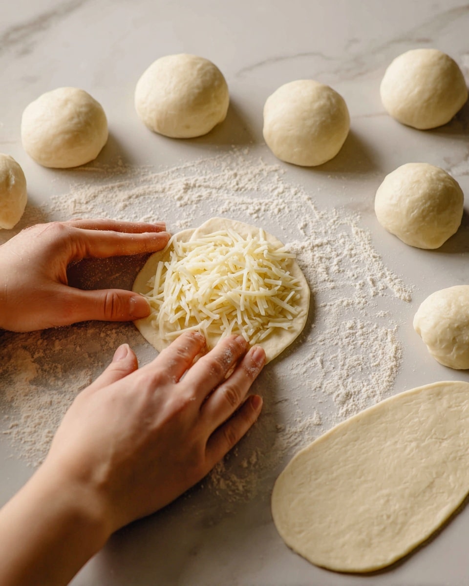 A white plate holds a stack of eight round flatbreads, each golden brown with toasted spots and a soft, fluffy texture. On top are two flatbreads, each with a small, square pat of yellow butter melting over gooey, creamy light yellow cheese that oozes down the sides. The top flatbread is bitten, showing its soft inner layers and melted cheese inside. The plate sits on a light wooden table next to a small white bowl filled with white cream and a metal butter knife with some cream on the tip, resting on a white cloth. The setting is by a window with soft natural light and a white marbled texture surface below. photo taken with an iphone --ar 4:5 --v 7