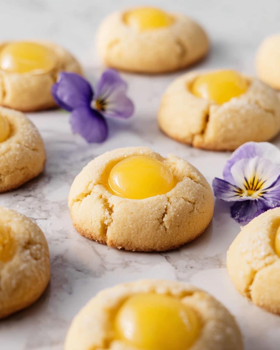 A group of round cookies with a pale golden color, each topped with a smooth, glossy yellow dollop of lemon filling at the center. The cookies have a crumbly texture visible on the edges, some showing light cracks. They are placed directly on a white marbled surface in a scattered arrangement. Near the center cookie in the foreground, a small purple edible flower with white and yellow details lies flat, adding a pop of color to the soft tones of the cookies. The lighting is bright and soft, enhancing the textures and colors gently. Photo taken with an iphone --ar 4:5 --v 7