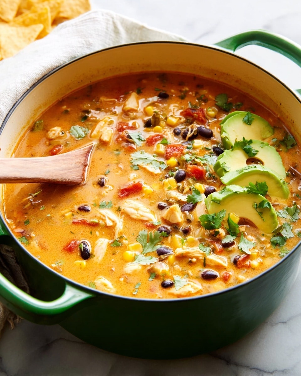 A green Dutch oven filled with a thick, creamy orange soup layered with small chunks of white chicken, yellow corn kernels, black beans, green bell pepper pieces, and red tomato bits. The right side of the soup is topped with bright green cilantro leaves and thin slices of light green avocado, adding freshness. A wooden spoon is resting inside the pot, partially submerged in the soup, showing a smooth wood texture. The pot is placed on a white marbled surface with a soft white cloth and some light yellow tortilla chips visible in the background. photo taken with an iphone --ar 4:5 --v 7