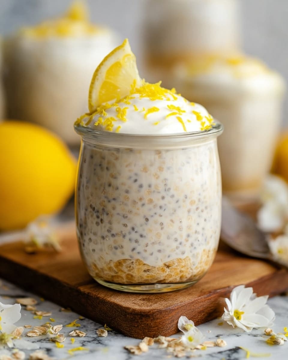Three clear glasses filled with creamy, pale yellow chia pudding sit on a wooden board over a white marbled surface, with two taller glasses behind a smaller jar. The two taller glasses each have a layer of crunchy granola on top, garnished with a half lemon slice and a small white flower, while the smaller jar in front is topped with a dollop of white cream, lemon zest, and a thin lemon wedge. Around the board are scattered white flower petals, oat flakes, and chia seeds, with whole and cut yellow lemons placed in the background and foreground. The photo taken with an iphone --ar 4:5 --v 7