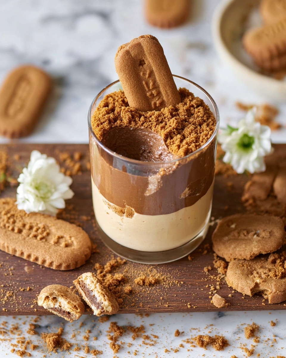 A clear glass cup shows a dessert with three layers; the bottom layer is creamy and light beige, the middle layer is smooth and dark brown, and the top is sprinkled with crunchy brown cookie crumbs. On the top edge, there is a whole rectangular brown cookie standing upright. A bite is taken from the top and middle layers, revealing the creamy bottom layer inside. The glass sits on a wooden board scattered with more whole and broken cookies, along with a small white flower near one cookie. The background is a white marbled texture. photo taken with an iphone --ar 4:5 --v 7