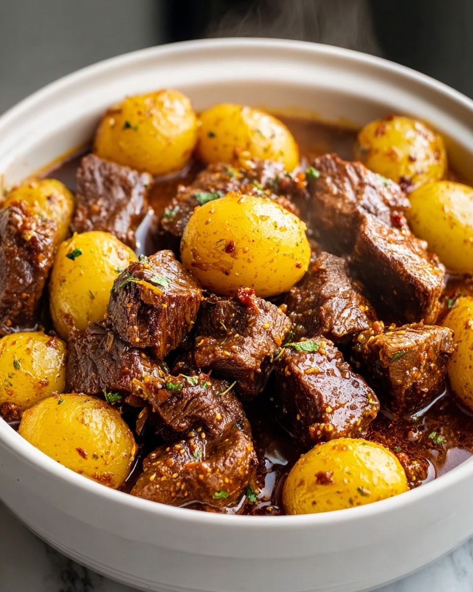 A white shallow bowl filled with chunks of tender braised beef and small golden baby potatoes. The beef pieces are dark brown with a soft, fibrous texture, arranged around and mixed with the potatoes, some of which are halved to reveal their soft yellow insides. The dish sits on a white marbled surface with a blurred bowl of soft bread and some greenery in the background. The overall look is rustic and hearty with warm earthy tones. Photo taken with an iphone --ar 4:5 --v 7