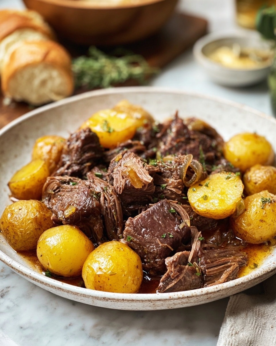 A close-up view of a white bowl filled with thick, juicy chunks of browned beef and whole baby potatoes. The beef pieces are dark brown with a slightly crispy texture, coated in a glossy, rich sauce with visible herbs and spices. The baby potatoes are golden yellow, soft-looking, and also coated with the same sauce, scattered evenly among the meat. Steam rises gently from the dish, adding warmth. The bowl sits on a smooth white marbled surface. photo taken with an iphone --ar 4:5 --v 7